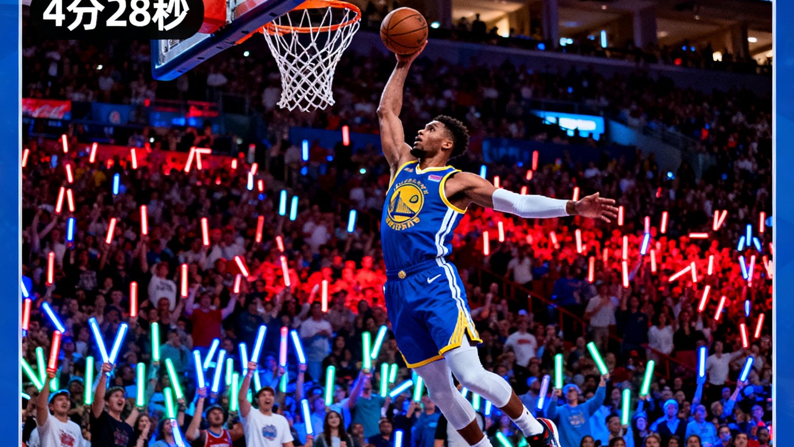 NBA季后赛全场集锦视频封面，画面中一名球员正在完成精彩扣篮，背景是沸腾的观众席，视频时长标注为4分28秒，右下角有高清播放按钮图标。